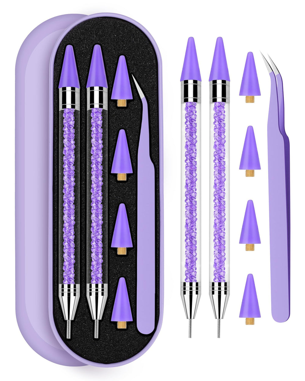 Difenni front view of purple rhinestone tool set, organized and portable