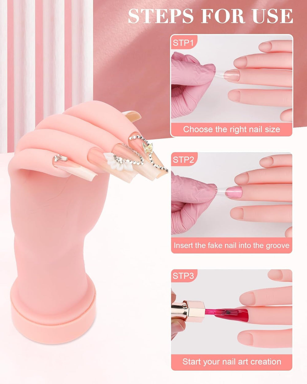 Difenni with practice nail tips inserted for secure application practice