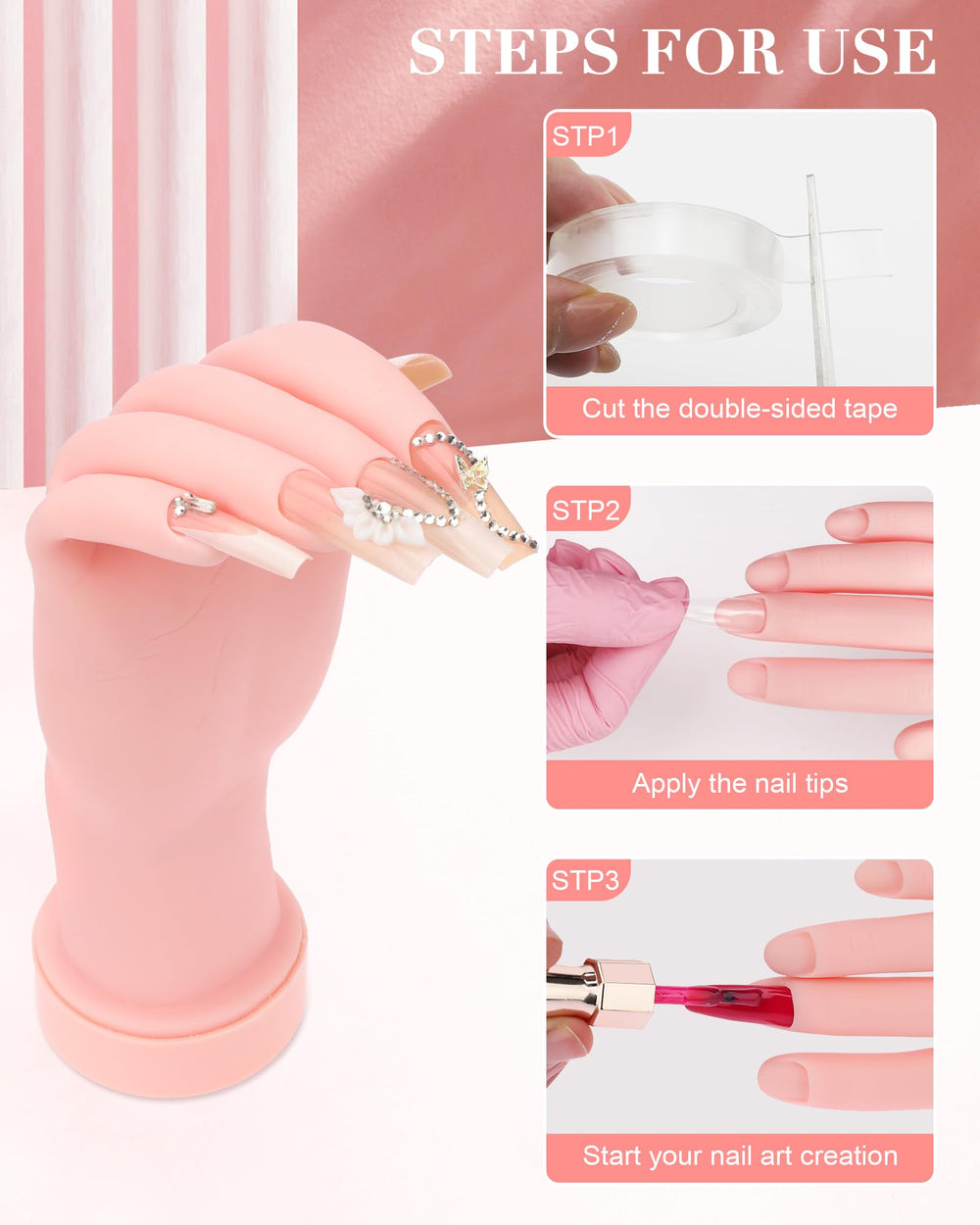 Difenni practice hand with tips attached showing secure tip placement benefit