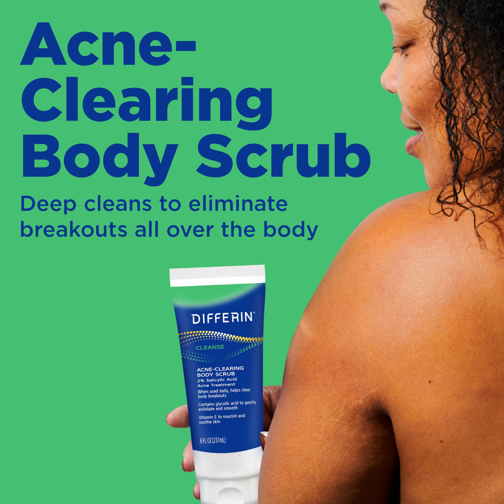Differin body scrub tube opening detail highlighting dispensing for easy application
