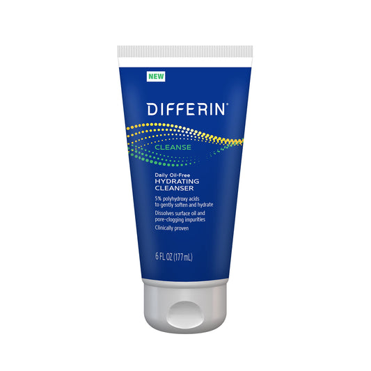 Differin front packaging showing cleanser bottle and clear branding benefit of trusted formula