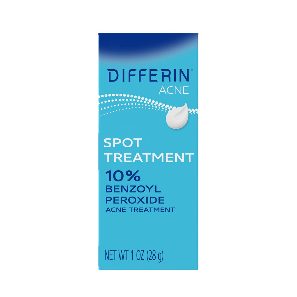 Differin front packaging showing 10% benzoyl peroxide and strength benefits