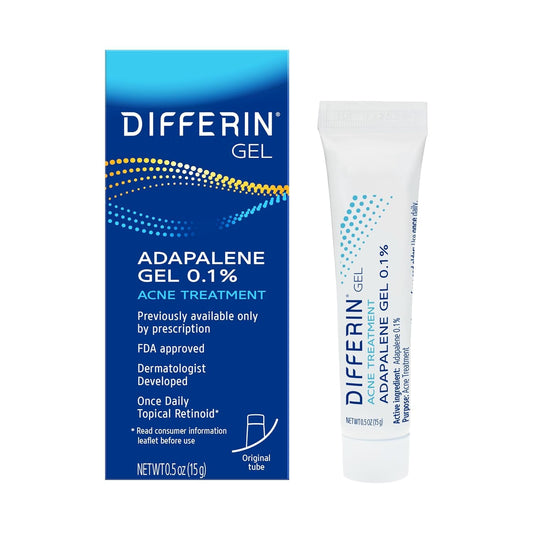 Differin tube front view showing brand and product for clear acne