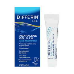 Differin tube front view showing brand and product for clear acne