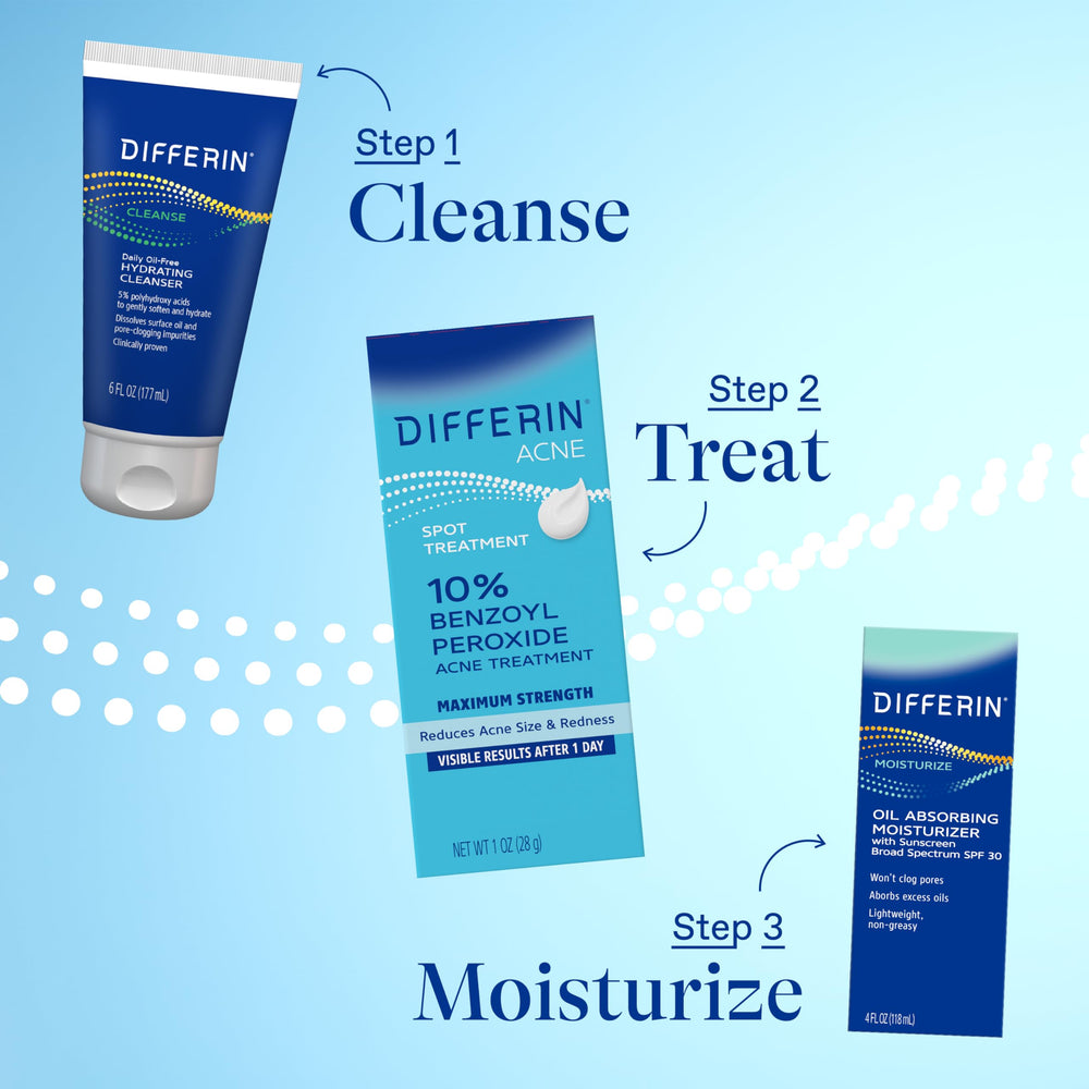 Differin product label highlighting 10% benzoyl peroxide concentration and directions