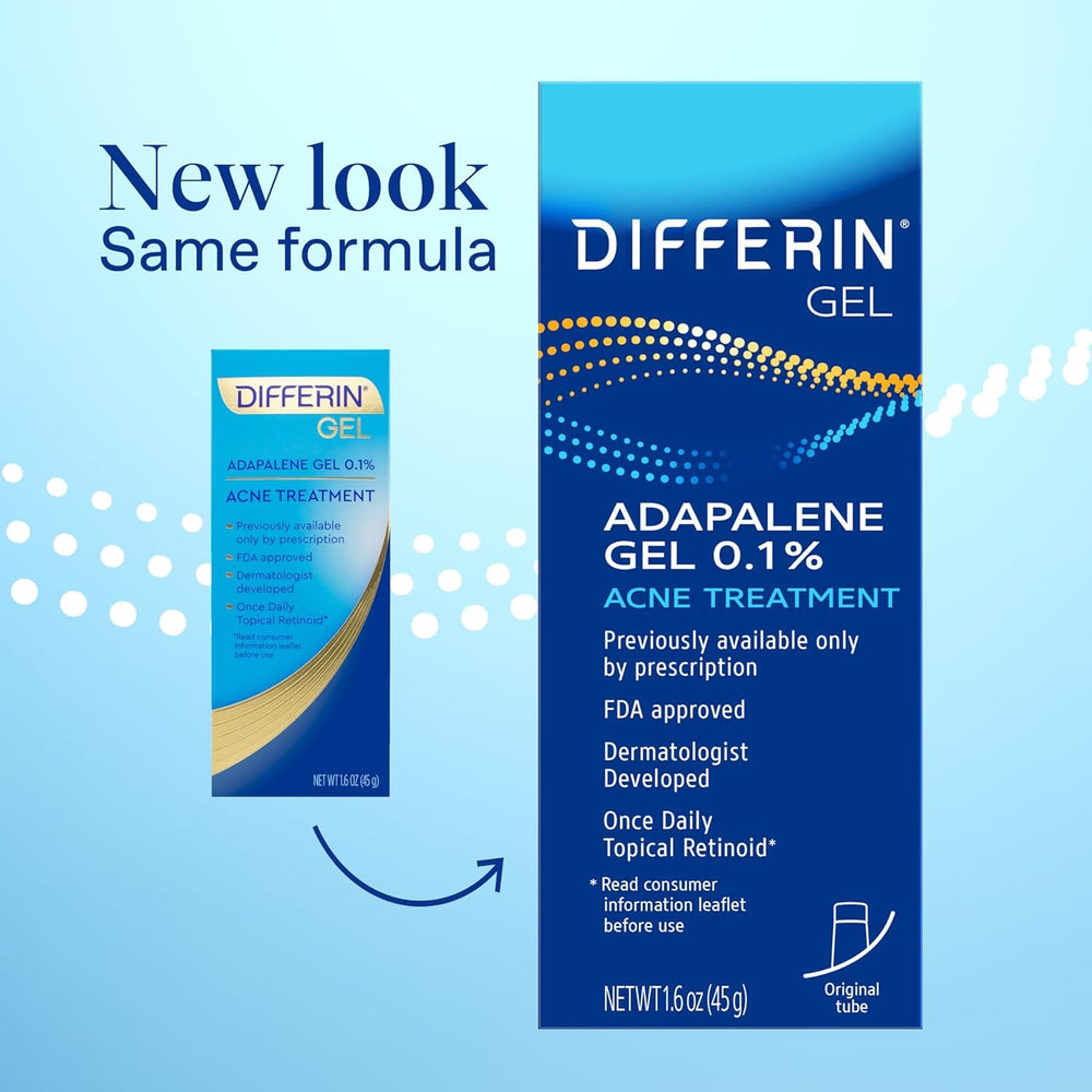 Differin tube close-up showing applicator tip and easy dosing benefit