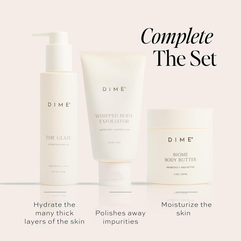 DIME ingredients flatlay with shea, squalane and botanicals for nourishment
