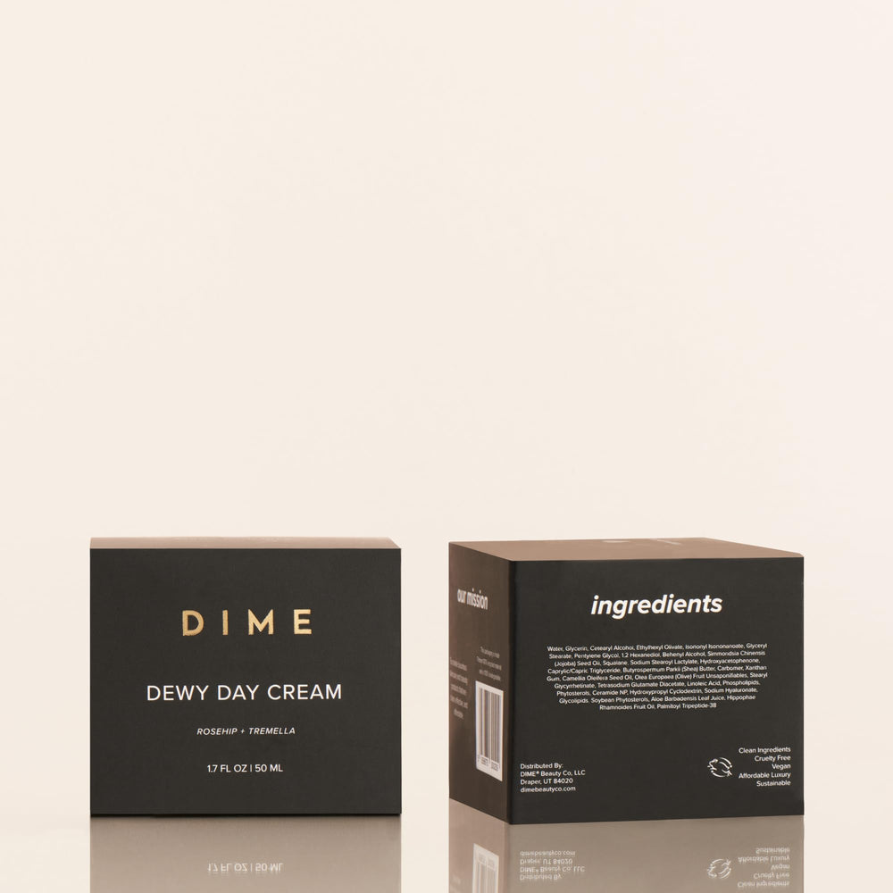DIME products paired with cleanser and serum suggesting routine use