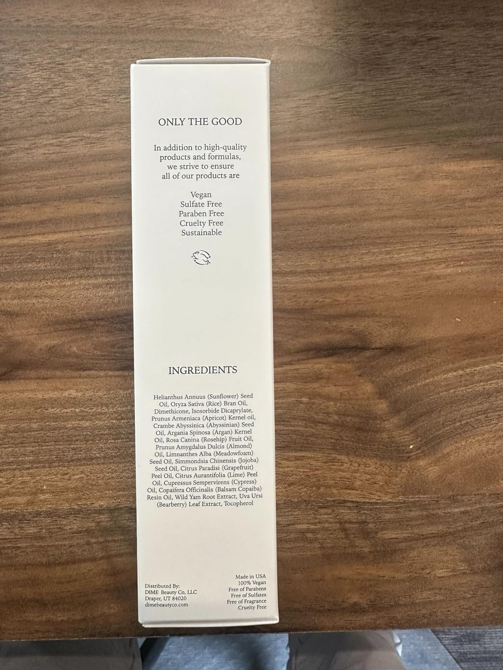 DIME label detail displaying clean-beauty claims and ingredient transparency
