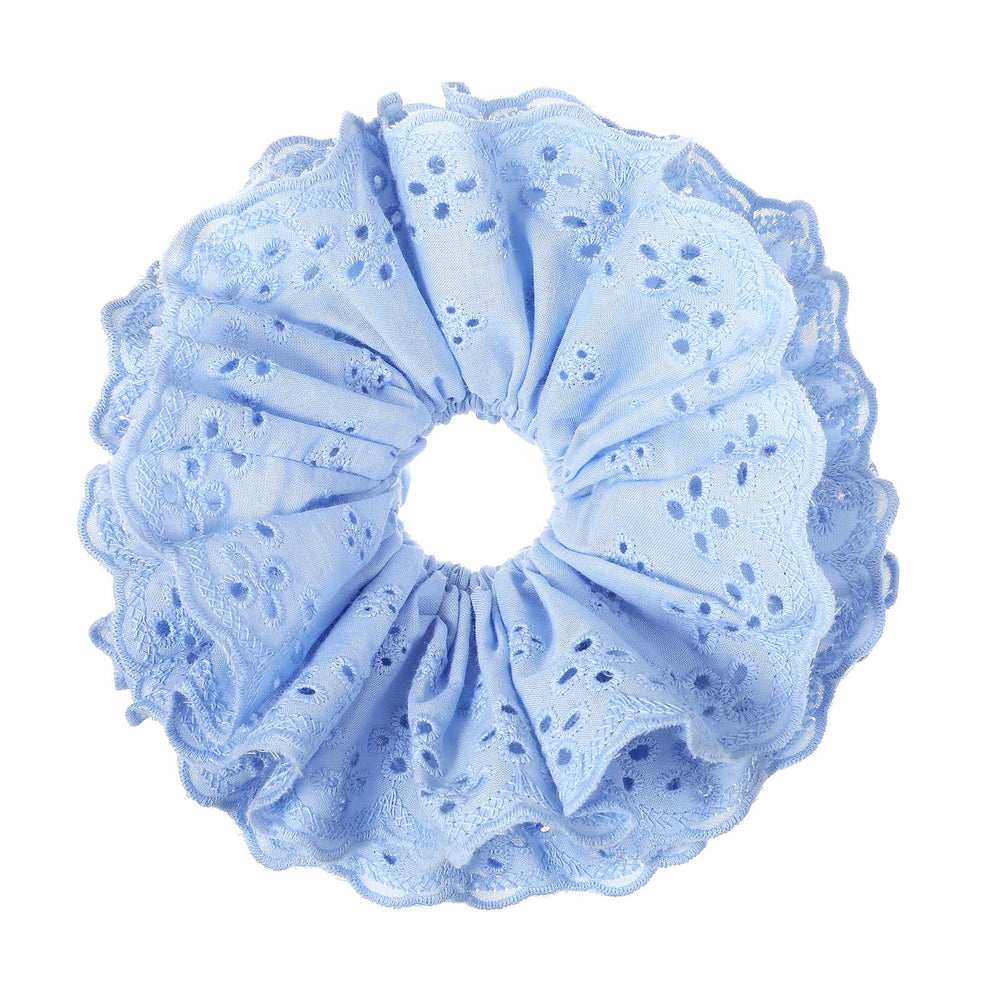 Dimeho blue lace scrunchie front view shows elegant design and easy styling