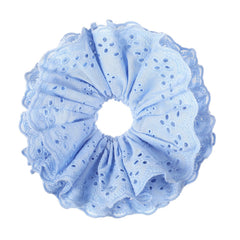 Dimeho blue lace scrunchie front view shows elegant design and easy styling