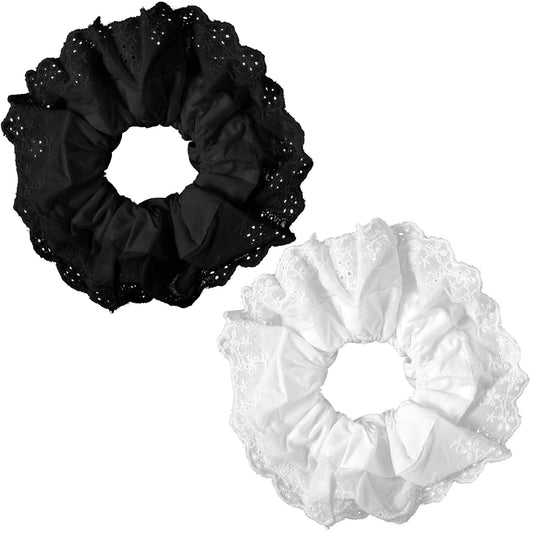 Dimeho front view of black and white scrunchies showing packaging and design benefits