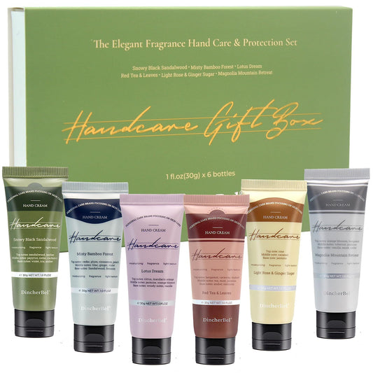 DincherBel front packaging showing the six travel-size tubes and scent variety benefit
