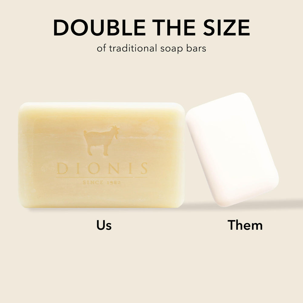 Dionis soap held in hand showing 6 oz scale and convenient everyday size