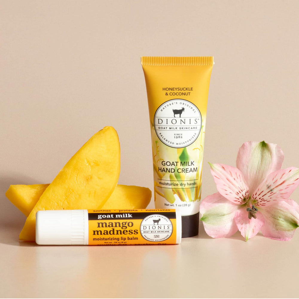 Dionis Mango Madness lip balm close-up demonstrating smooth texture and soothing benefit