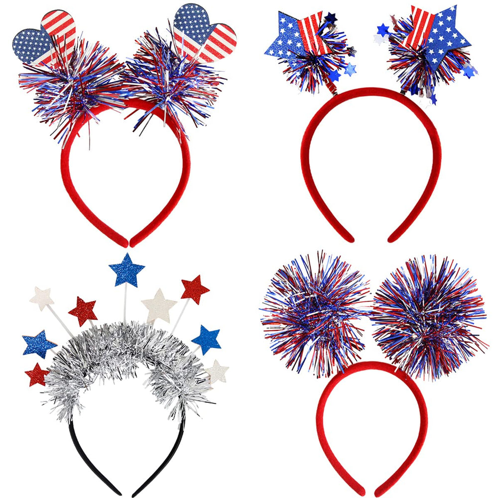 DIUEWOW front display of four patriotic headbands shows variety and instant party impact