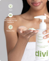Divi bottle beside 12 fl oz scale indicating exact size and value