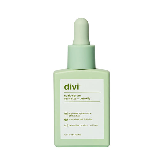 divi scalp serum front bottle shows clear label and travel-friendly size benefit