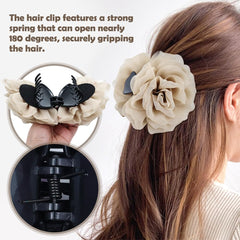 Dizila ivory rose hair claw worn in model hair for elegant updo and polished finish