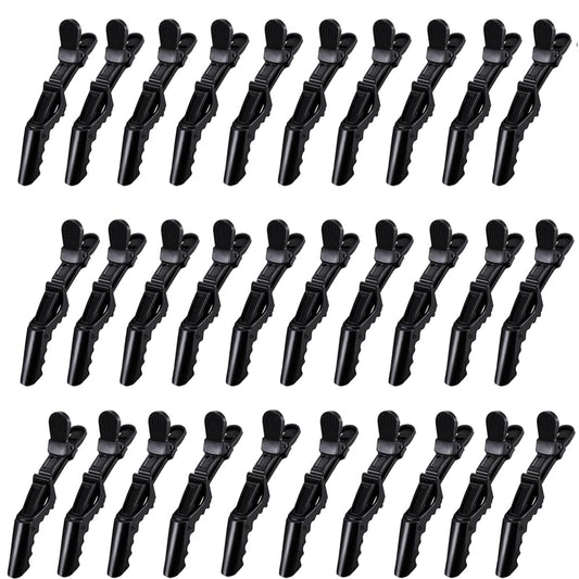 Dkpyt front view of 30 black alligator clips showing full set and compact packaging for convenience