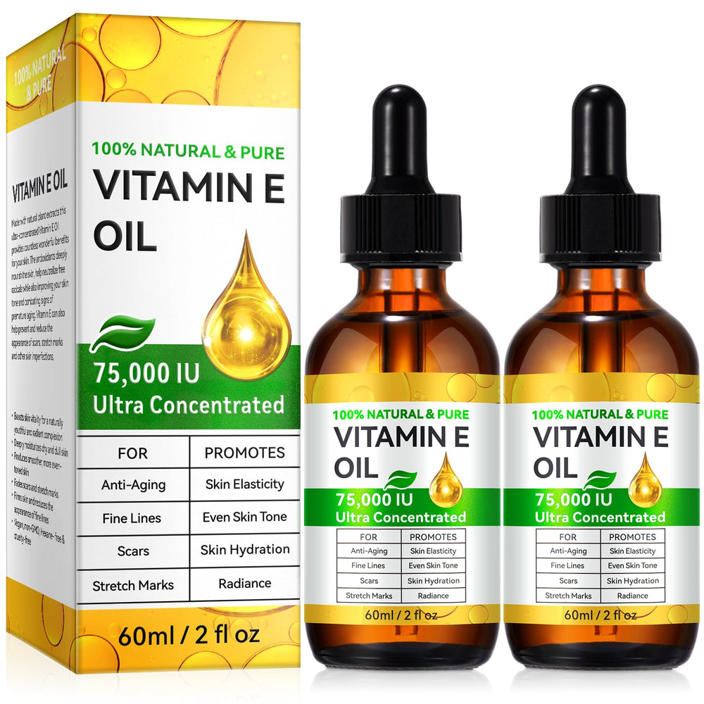 DLOMFVFQ bottle front packaging showing organic vitamin E oil benefits