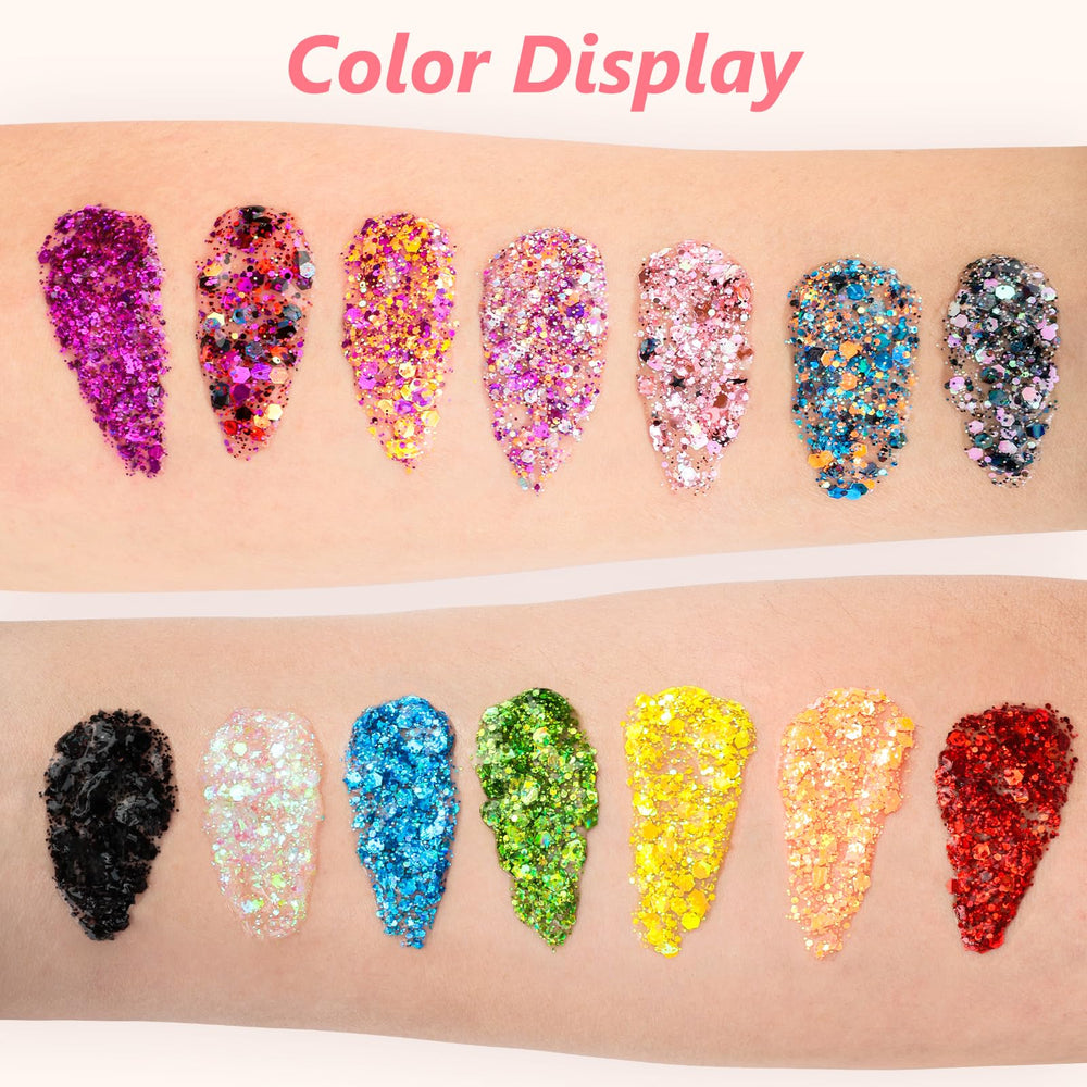 Dmsky glitter applied to eye and eyebrow demonstrating bold stage-ready sparkle
