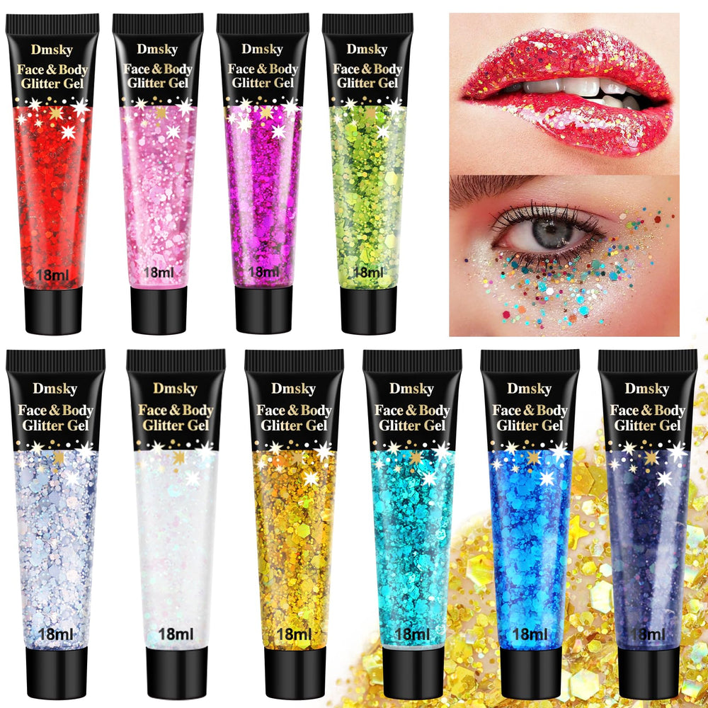 Dmsky front packaging showing all ten colorful glitter tubes and kit benefit