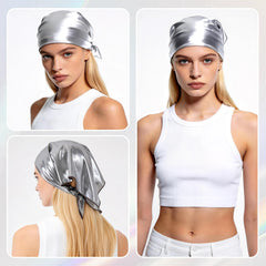 DOCILA bandana styled as headband on model offering secure hold and edgy shine