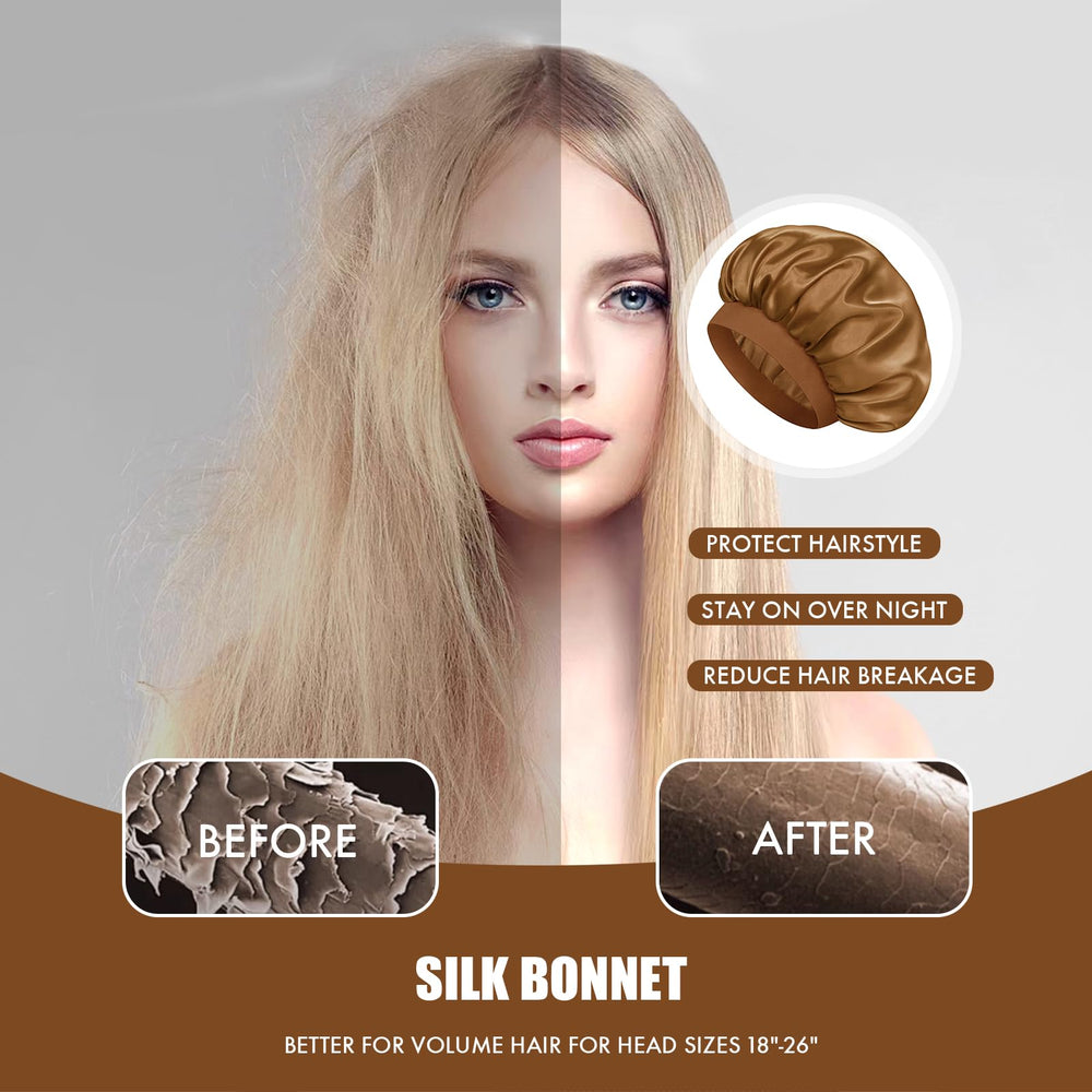 Doitory bonnet worn by model with curly hair to preserve curls and shine