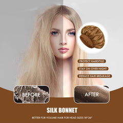 Doitory bonnet worn by model with curly hair to preserve curls and shine