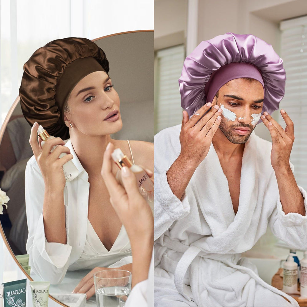 Doitory bonnet worn during nighttime routine keeping hair protected and tidy