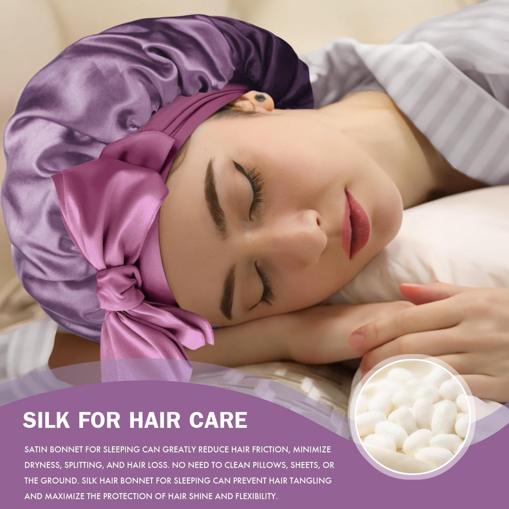 Doitory bonnet worn with high bun, creates roomy protection for volumes