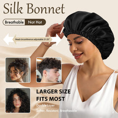 Doitory woman sleeping with bonnet preserving curls and preventing frizz