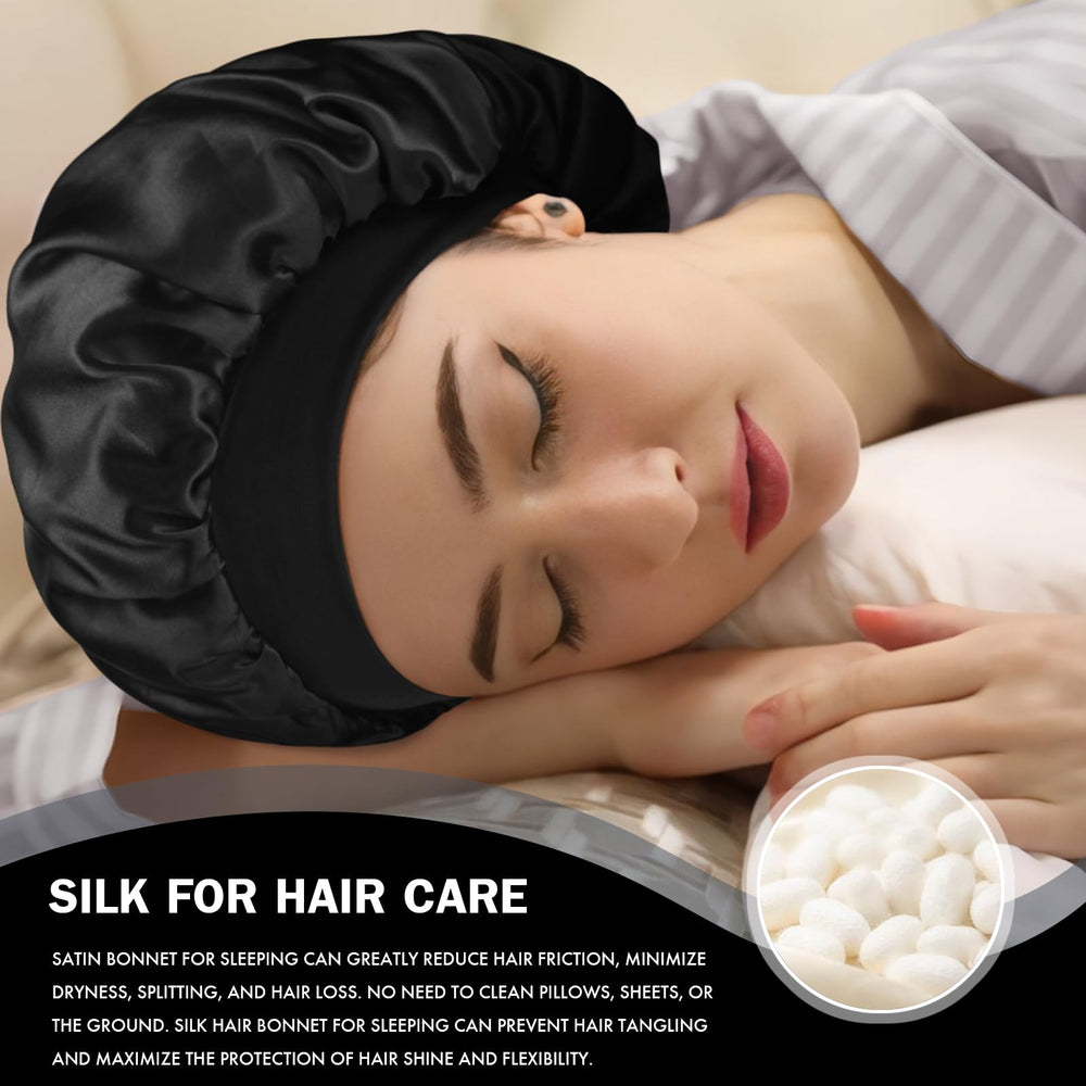 Doitory woman wearing bonnet in bedroom showing maintained curl definition overnight