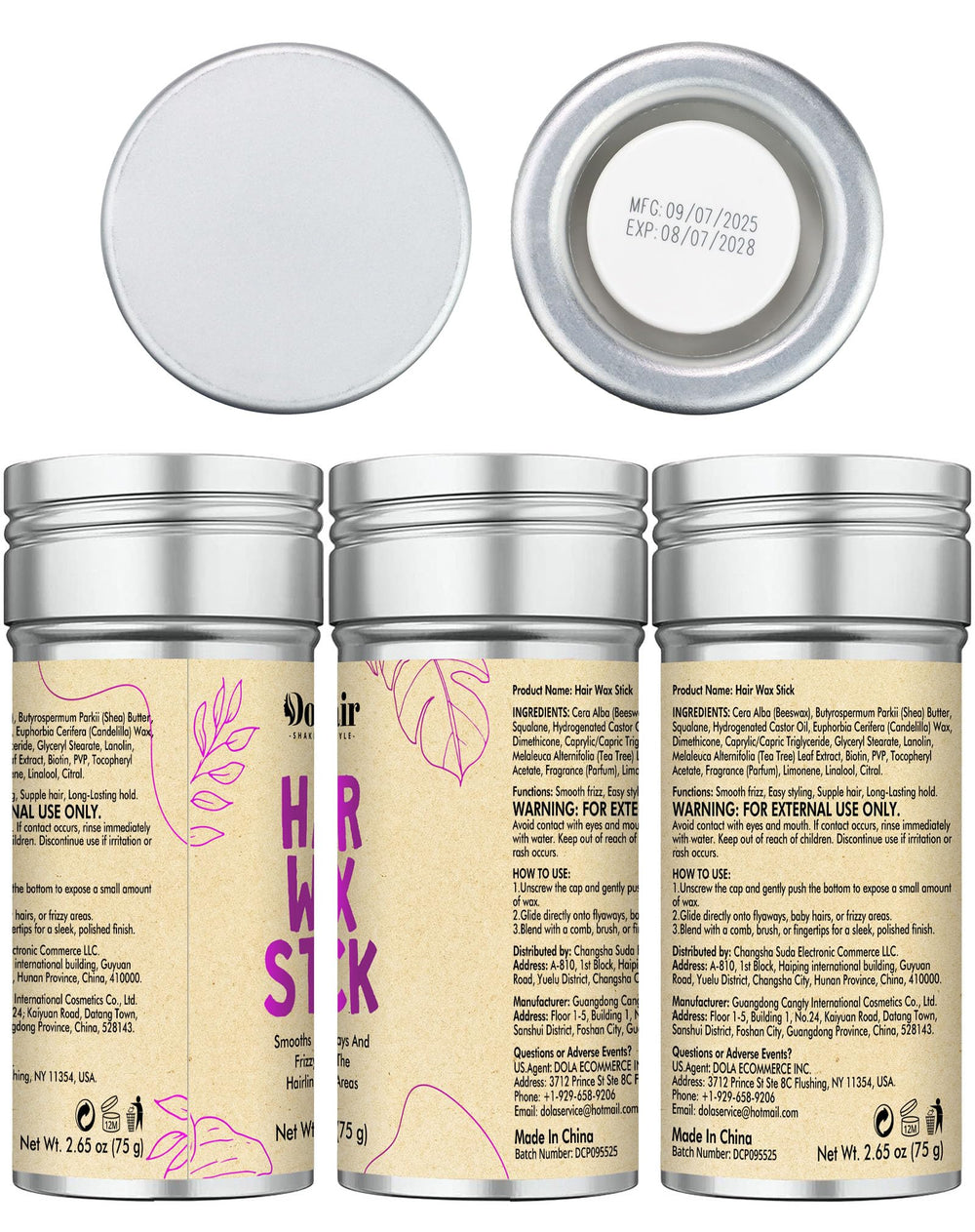 Dolahair label view with usage directions and ingredient notes