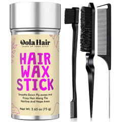 Dolahair wax stick front packaging showing product and benefit of neat styling