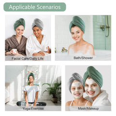 Dolwis model wearing turban in bathroom demonstrates hands-free post-shower ease
