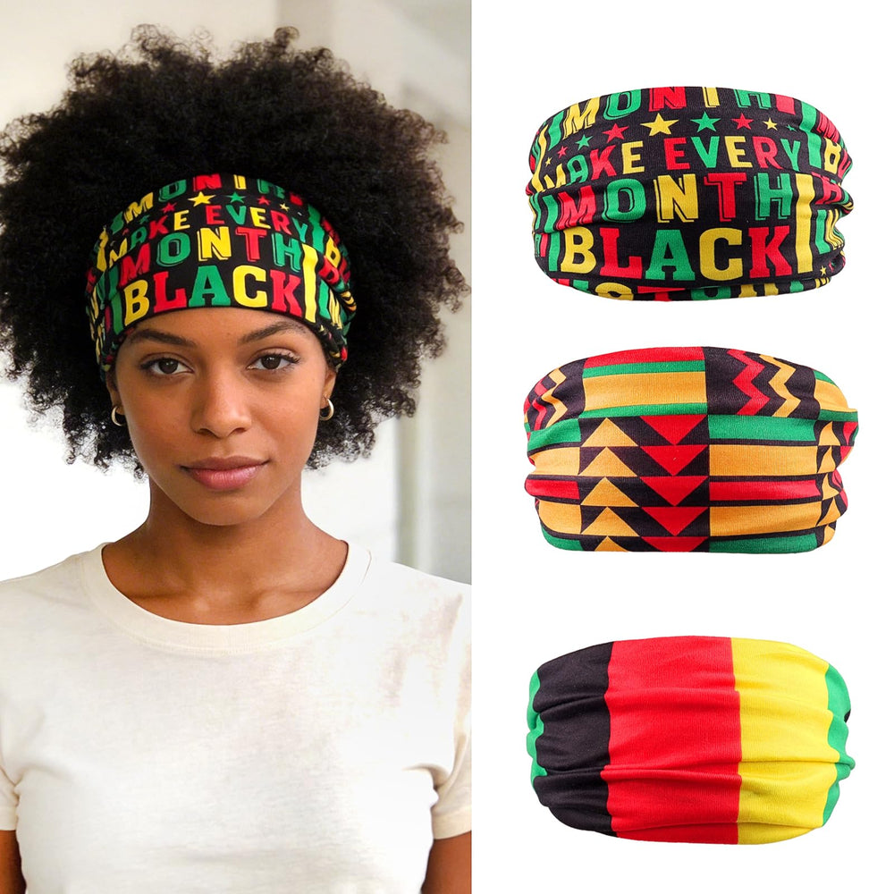 Doneace front view of three headbands showing Pan-African colors and celebratory style