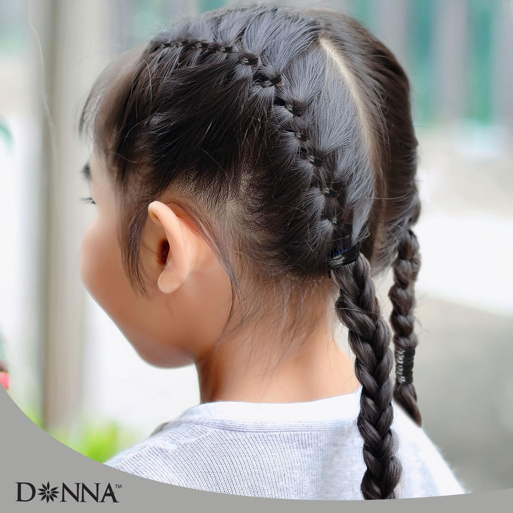 DONNA black mini bands securing braid ends, neat durable styling benefit