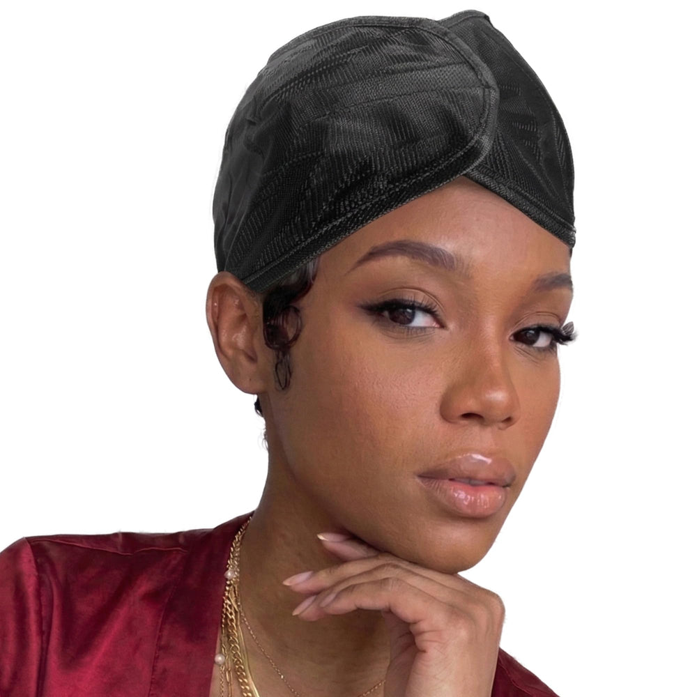 DONNA front view of black 24-inch pixie wrap showing secure fit and sleek finish