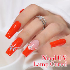 Double Rhythm polish applied on nail cured to glossy finish for durable wear