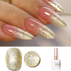 Double Rhythm bottle front showing champagne gold shimmer and professional polish benefit