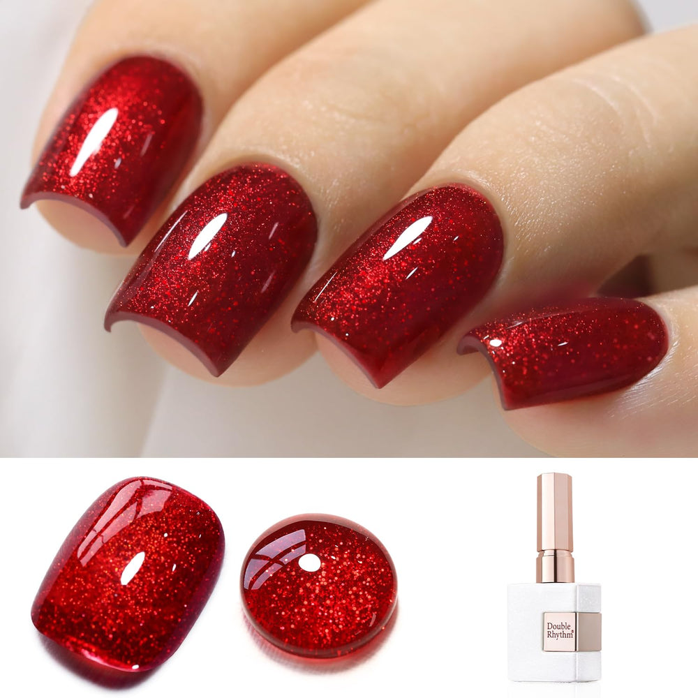 Double Rhythm front bottle shot showing dark red holographic polish and brand clarity