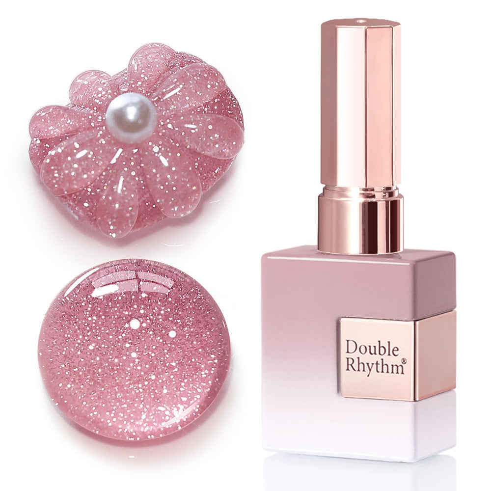 Double Rhythm bottle front showing light pink glitter polish and clear branding benefit salon-ready shade