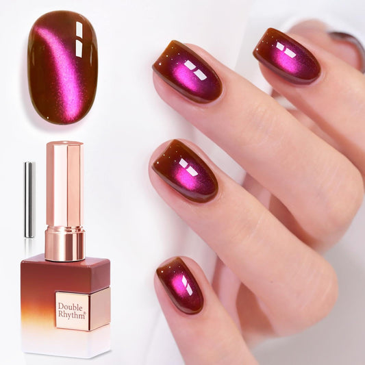 Double Rhythm bottle front view showing cherry burgundy gel polish and label benefit: salon finish