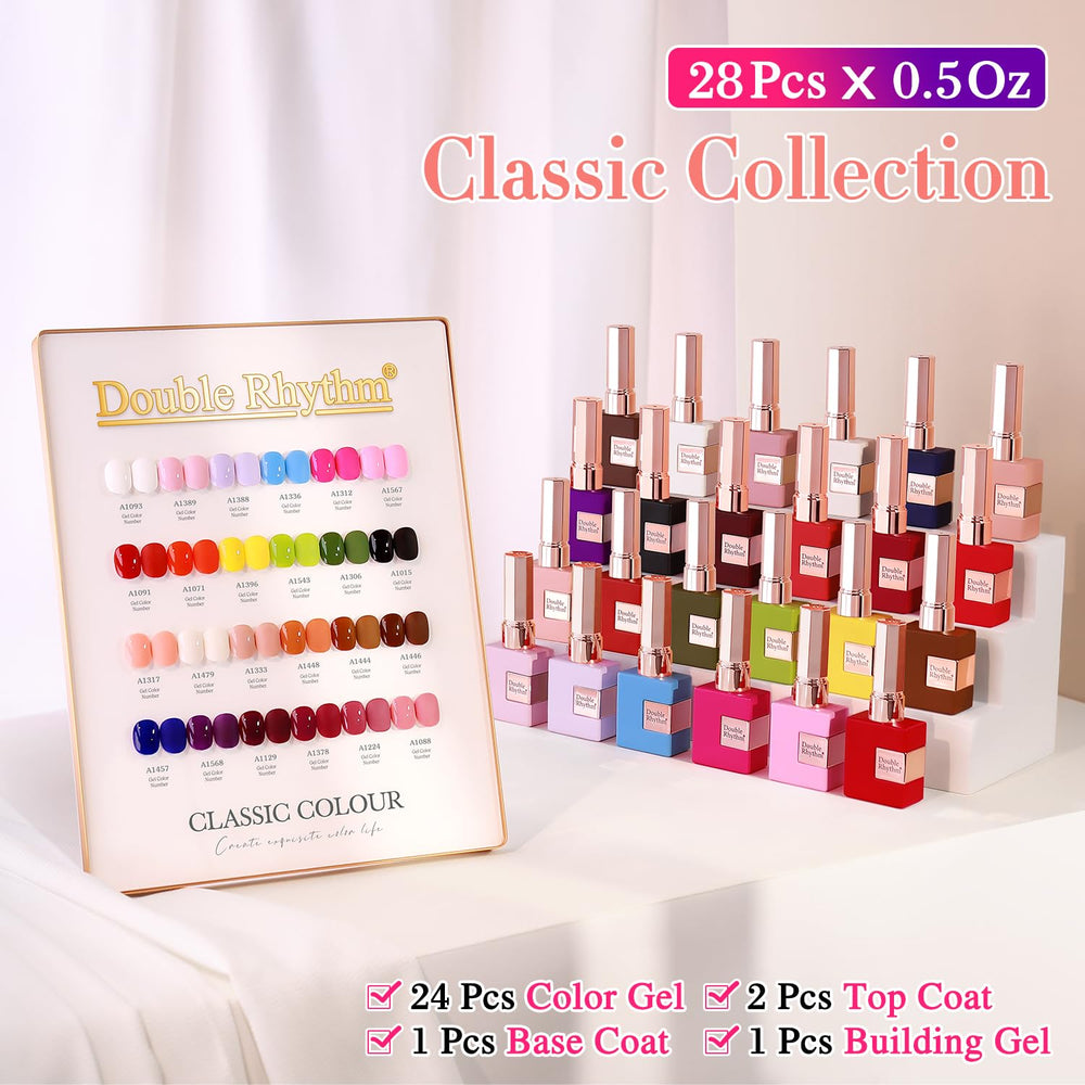 Double Rhythm top view of 24 red pink bottles arranged, helping color coordination