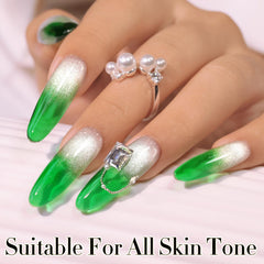 Three-layer nails showing layering effect of Double Rhythm Crystal Green for depth