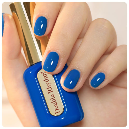 Double Rhythm bottle front showing dark blue jelly polish and color preview benefit