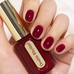 Double Rhythm front bottle view showing dark burgundy shade and neat label benefit: easy shade selection