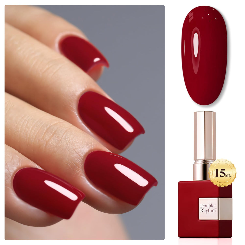 Double Rhythm bottle front view showing dark red shade and salon finish benefit